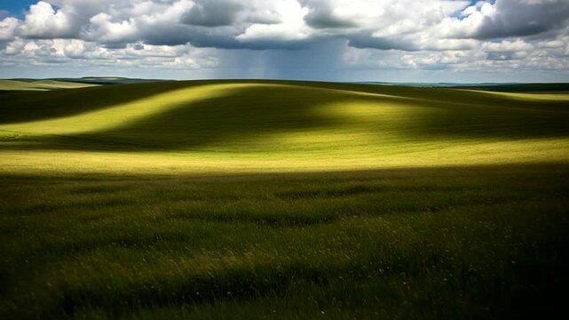 Rolling Hills Under Dramatic Stormy Sky with Sunlit Patches.
