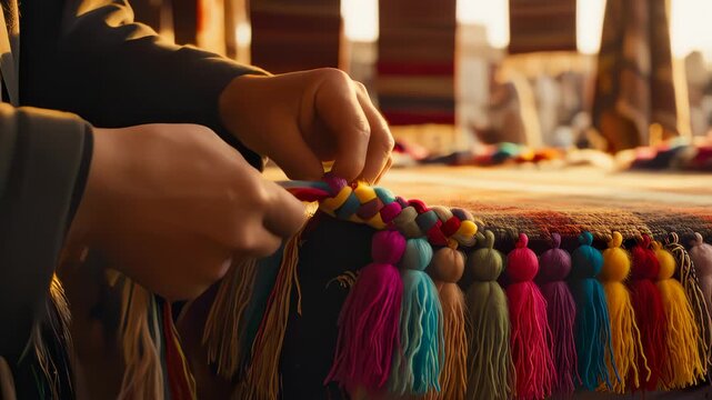 Weaver Hand-Crafting Colorful Tassels on a Hand Woven Rug, Traditional Art