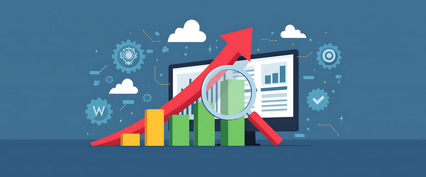 Conceptual marketing growth illustration with large red arrow rising above bar chart and gears symbolizing process speed