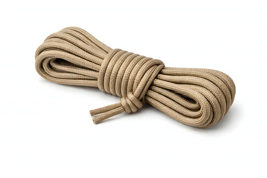 Beige paracord rope coil isolated on white background, outdoor camping survival gear or macrame craft diy material concept.