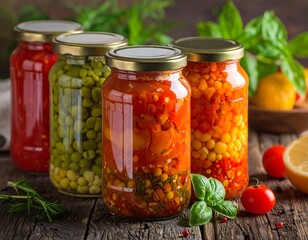 A row of glass jars filled with pickled vegetables on a wooden table