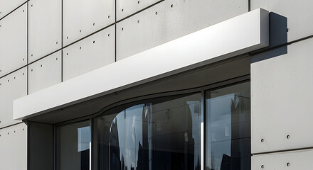 Obraz premium Blank White Horizontal Awning or Signboard Mockup Above Glass Entrance of Modern Concrete Building