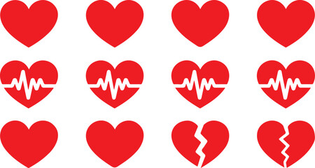 Medical Heart Icons Solid, EKG, and Broken Heart Symbol Set
