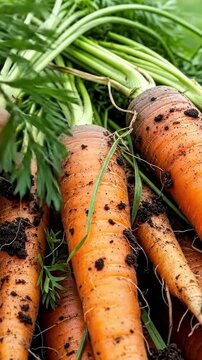 A vibrant close-up captures a bountiful harvest of freshly pulled carrots, showcasing their rich orange hue and earthy texture. Still clinging with dark, nutrient-rich soil, these wholesome root veget