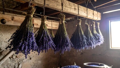 A rustic interior with bunches of purple flowers hanging from a wooden beam