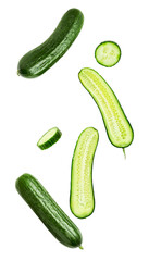 a dynamic and artistic composition of fresh cucumbers and slices, artfully scattered and isolated against a transparent background, ideal for modern food and wellness visuals.