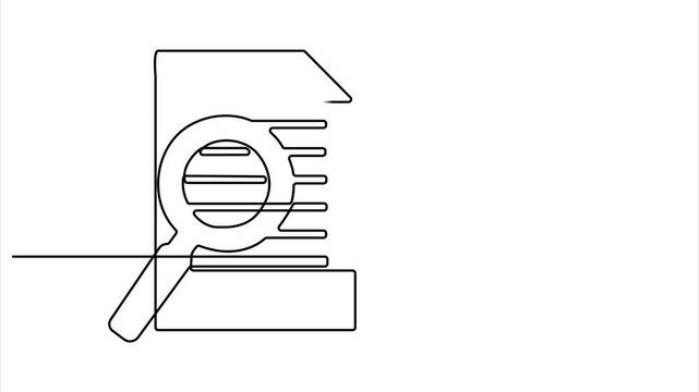 Animated self drawing of continuous line draw paper document with magnifying glass. Office notes concept. Full length one line animation. 4K, Continuous one line drawing Search web concept. minimalist