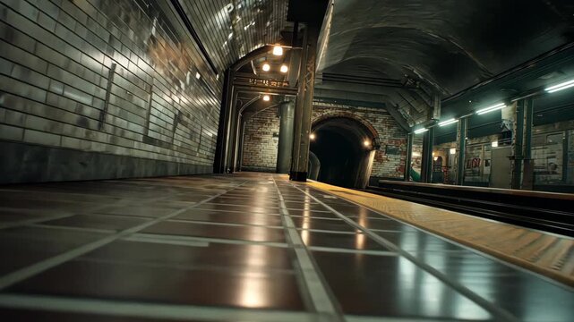A low-angle shot captures a dim, tiled subway platform, with brick arches receding into darkness