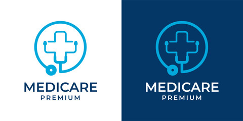 Obraz premium Medical Stethoscope Logo Concept. Health Consultation, Doctor, Clinic, Hospital Logo with Stethoscope and Plus or Cross Icon Symbol Vector Illustration.