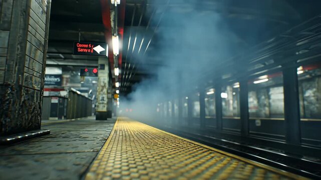 A dim, empty subway station platform. Smoke hangs in the air near the track. Illuminated signs hang from the ceiling