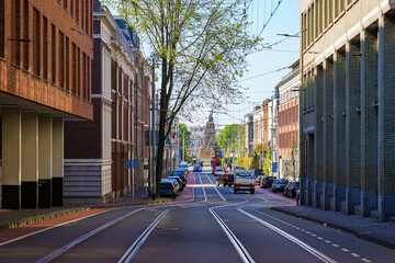 Street view of Parkstraat with tram tracks leading to Plein 1813 in The Hague (Den Haag), South Holland, The Netherlands © Alexandre ROSA