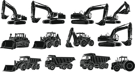 Set of heavy construction machinery silhouettes featuring tower cranes excavators bulldozers and dump trucks isolated on white background for industrial site engineering and architectural design © Its Ariful 