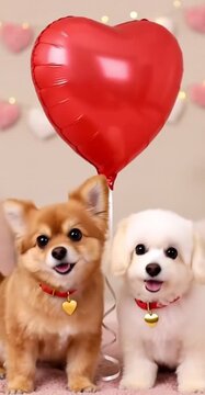 Cute Dogs with Heart Balloon, Valentine&rsquo;s Day Pet Love Background