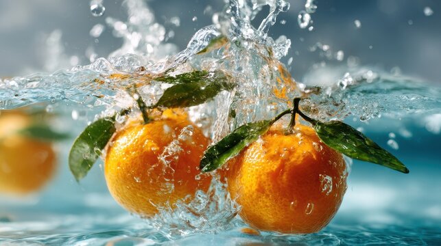 High quality photo of Two fresh tangerines with green leaves splashing in water with a blue background.