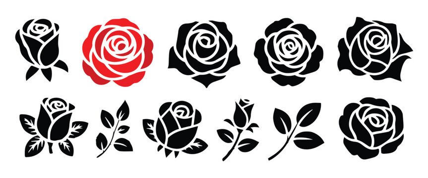 rose floral icons collection stylized blossoms buds leaves vector art