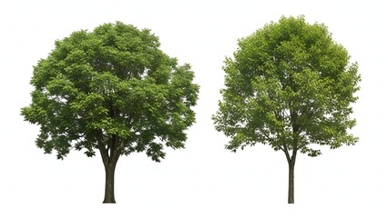 Two lush green deciduous trees against a white background