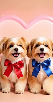 Cute Dogs Wearing Bow Ties, Pet Couple Portrait with Copy Space