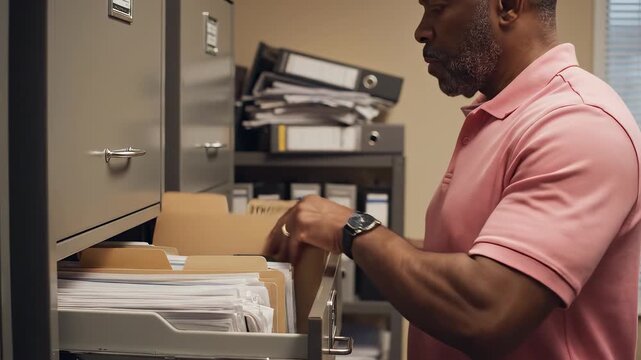 Man organizing files in office drawer