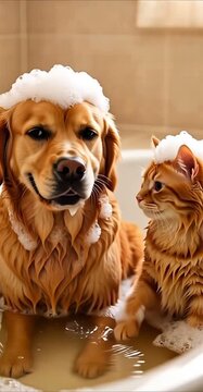 Dog and Cat Together Close Up, Cute Pet Friendship Portrait