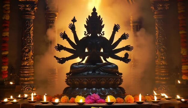 Chaitra Navratri, silhouette of Goddess Durga against the backdrop of orange and red twilight sky, small lamps lit around a simple altar, Ai generated ... See More