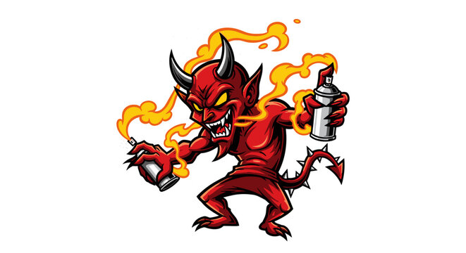 Red Cartoon Devil Character with Spray Paint.