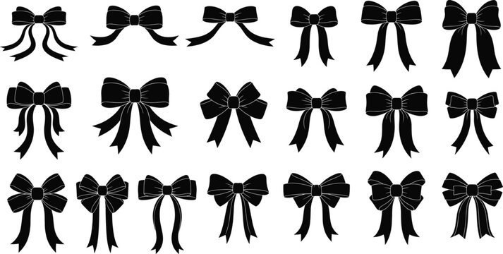 Set of black ribbon bow silhouettes and gift knots vector illustration isolated on grey background