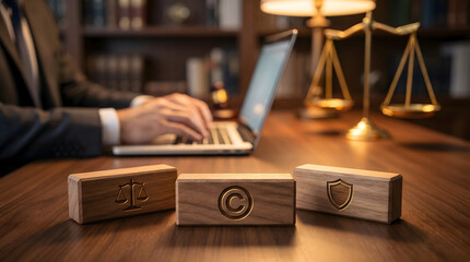 Legal Copyright and Justice Concept with Wooden Blocks