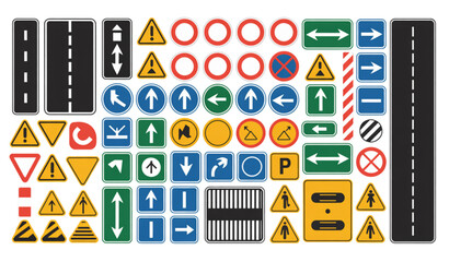 Traffic sign and road marking vector illustration set for transportation maps and safety infographics © MdLiton