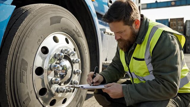 Man inspecting truck wheel in shipping yard
