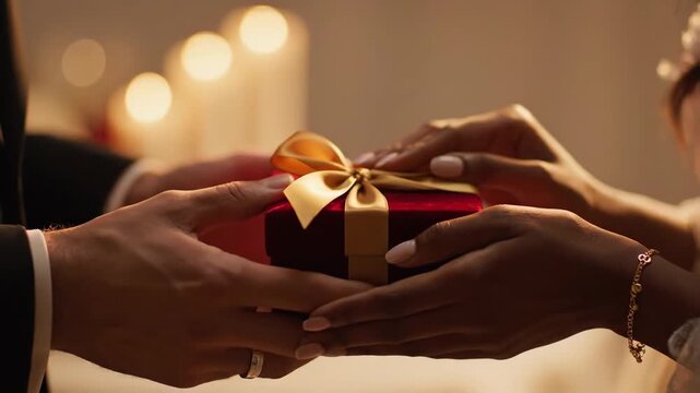 A romantic couple exchanges a Valentine gift in a warm and intimate setting