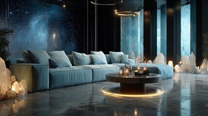 Intergalactic living room interior with blue space-style sofa, modern coffee table, glowing green lighting rings, starry black wall background and crystal decor, futuristic elegant home design concept