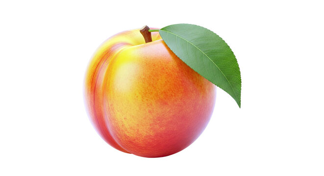 Nectarine with green leaf on white background