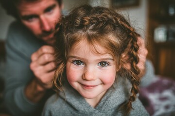 Obraz premium Tender father braiding his daughters hair in warm morning light intimate family moment captured with soft focus and natural lifestyle feel.