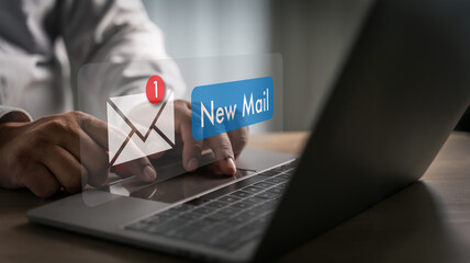 Email notification inbox messaging receiving concept envelope alert and new mail pop-up computer screen, representing online communication, customer service, inbox management and security.