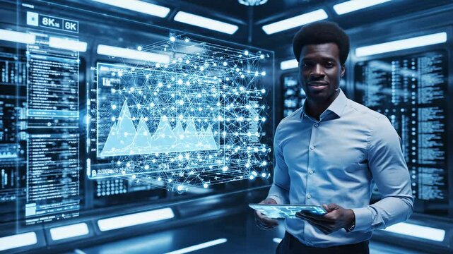 Man in high tech room with data display