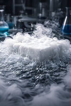 Dry ice block sublimating in water creating thick white smoke fog, chemical reaction experiment in blue science laboratory background concept.