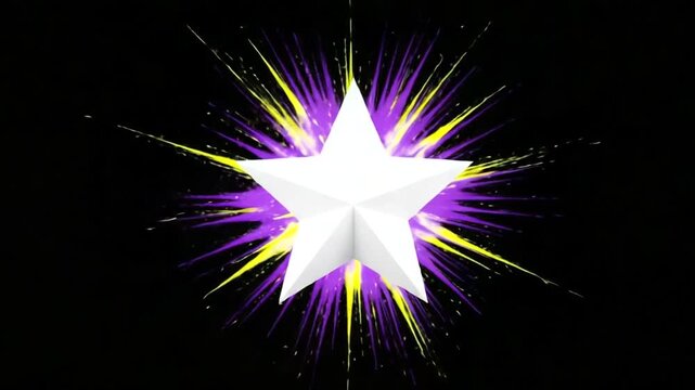 Bright Starburst Explosion on Black Background with Purple and Yellow Rays.