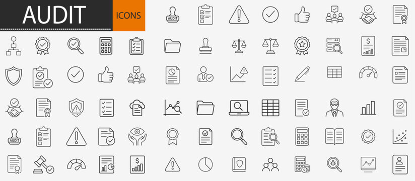 Audit and financial examination icons set, thin line accounting tax inspection and business compliance vector illustration