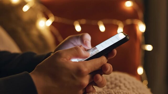 Cozy Valentine's evening ambiance with hands holding smartphone amidst soft glowing string lights