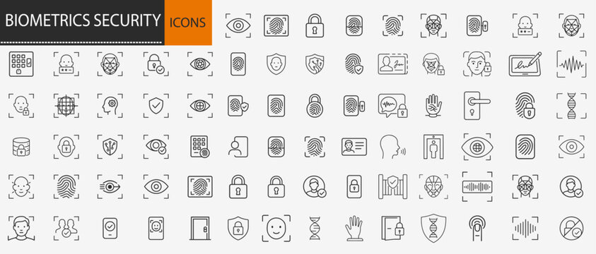 Biometrics security and digital identity icons set, thin line facial recognition fingerprint scanning and cyber protection vector illustration