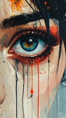 Close-up of a painted eye with vibrant blue iris, long lashes, and tears of red paint, against a blurred background