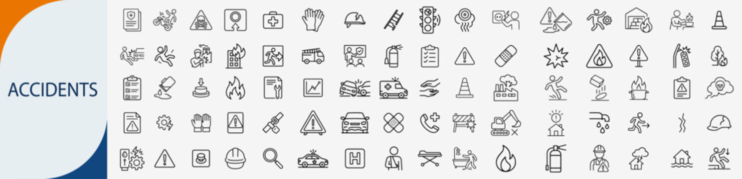 Accidents and safety emergency icons set, thin line car crash industrial danger and workplace injury vector illustration