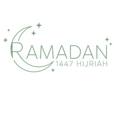 Artistic green line art of a crescent moon and stars for Ramadan 1447 Hijriah celebration.
