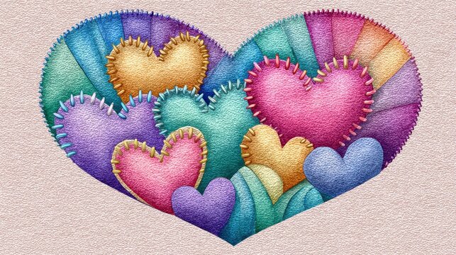 Colorful Heart Collage Of Stitched Fabric Hearts In Various Sizes And Shades