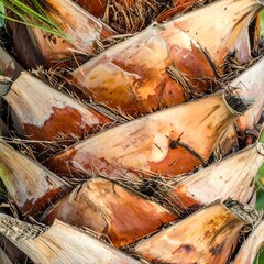 Close-up of a palm tree trunk's textured surface, with overlapping layers. Brown and beige tones dominate
