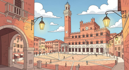 Obraz premium Vibrant italian town square with historic architecture and tower under blue sky