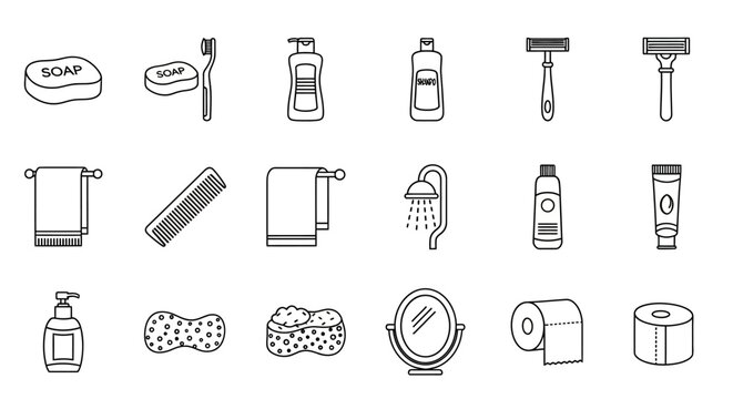 Ikon Aksesori Mandi. Set ikon garis luar aksesori mandi: kepala pancuran, penyemprot genggam, tempat sabun, dinding.