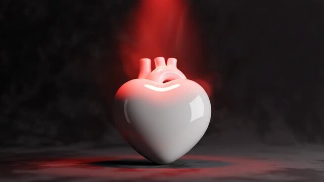 A serene Valentine's heart-shaped object glows softly under red spotlight in a dark room
