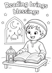 Coloring book little boy reading a holy book at a small table, Reading brings blessings, black and white line art