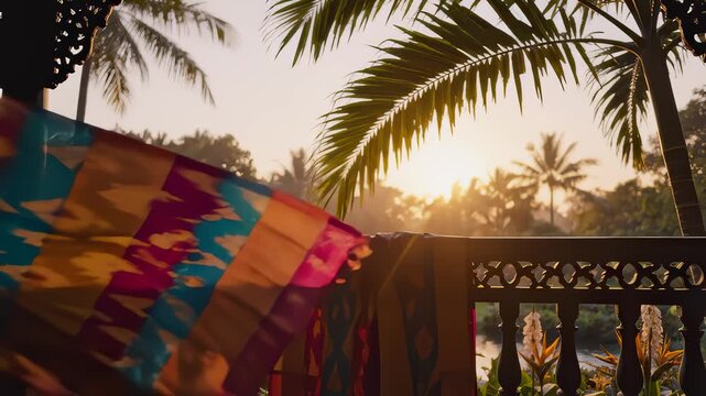 Colorful Fabric Draping on Balcony Overlooking Tropical Landscape at Sunset